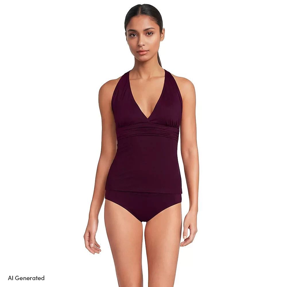 NWT Lands End V-Neck Plunge X Back Tankini Top Wine SPF 50, Size Med